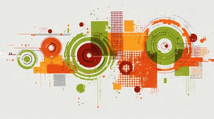 Obraz premium Geometric composition of overlapping circles and square blocks in orange and green against white