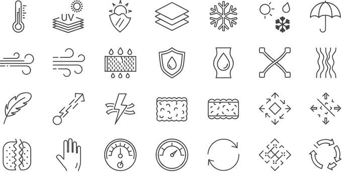 Large set of technical fabric and material property icons featuring waterproof breathable and UV protection symbols.