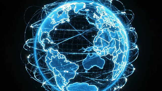 Blue World Globe Showing International Network Connection on Black Background