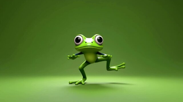 A happy cartoon frog dances energetically in a vibrant green environment.