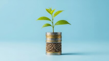 Plant growing from stacked coins, symbolizing financial growth and investment