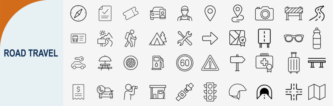 Road Travel and Outdoor Adventure Trip Outline Icons Vector Set