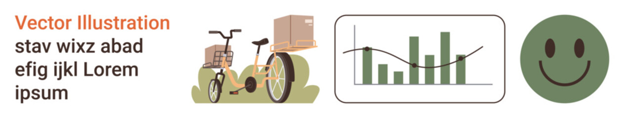 Fototapeta premium Logistics, data analytics, customer satisfaction, delivery services, business growth, transportation. A bike with packages, bar graph with trends and a happy face. Logistics and data analytics