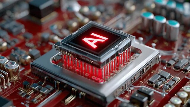 AI Microchip: A vibrant, close-up shot of a modern microchip, its intricate pathways and glowing red AI logo hinting at the cutting-edge of technology. The design offers a glimpse into the future.