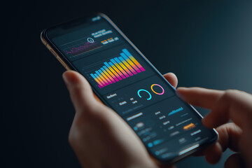 Hand holding smartphone displaying data visualization application with colorful graphs and charts on dark background