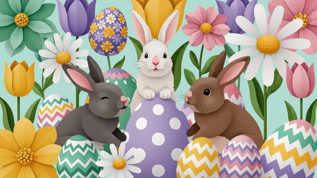 Rabbits Resting Among Easter Eggs and Flowers, Stylized Art