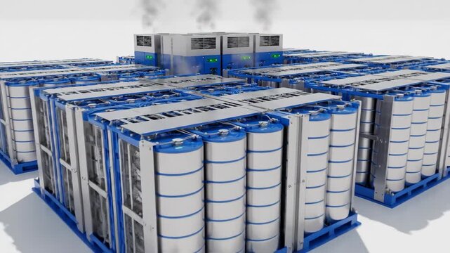 Modern Server Farm Technology Array With Blue Accents And White Background
