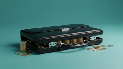 Black briefcase overflowing with gold coins on teal background