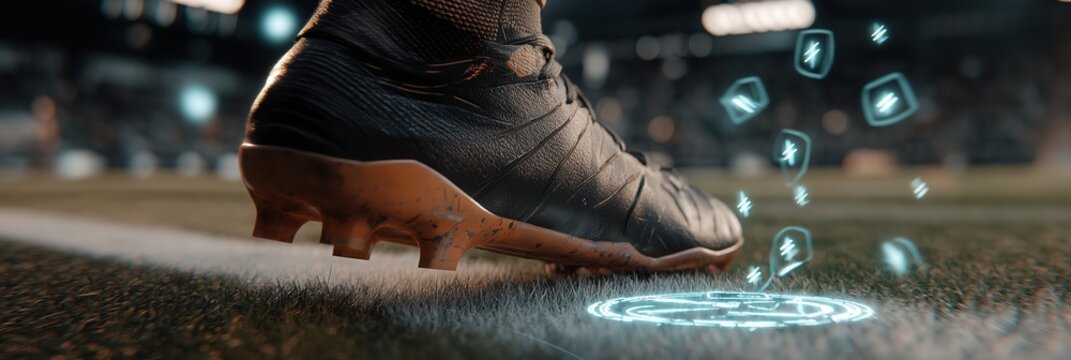Soccer cleat on grass field with glowing digital pattern and floating shield icons, representing futuristic sport or game - Powered by Adobe