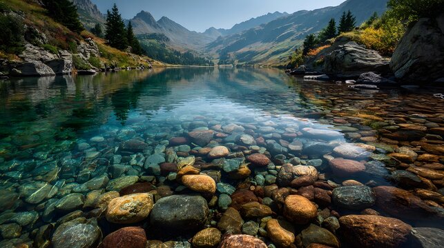 Crystal clear alpine lake water shows stones on the bottom with a reflection of mountains and serene nature under a polarizing filter view.