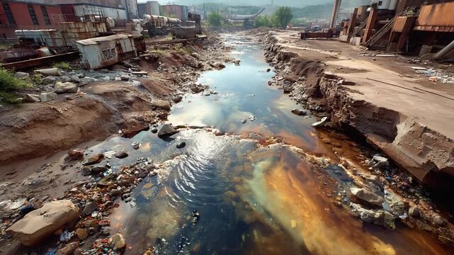 Industrial Pollution: A vivid capture of industrial runoff polluting a river. The water exhibits a kaleidoscope of colors, a stark representation of environmental degradation.