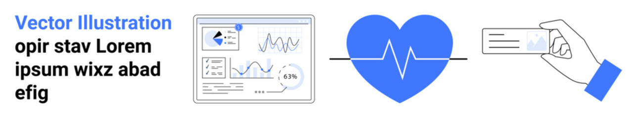 Healthcare, patient monitoring, medical technology, identity verification, cardiology, user authentication. Medical chart and heartbeat icon with ID card. Healthcare and patient monitoring concept