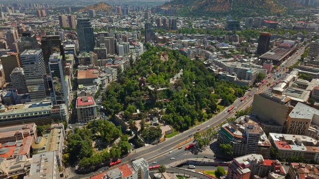 Santiago de Chile Aerial green cityscape with Alameda Avenue, Santa Lucia Hill