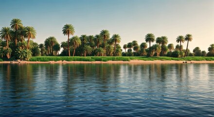 A serene river scene with lush green island vegetation under a clear, bright blue sky