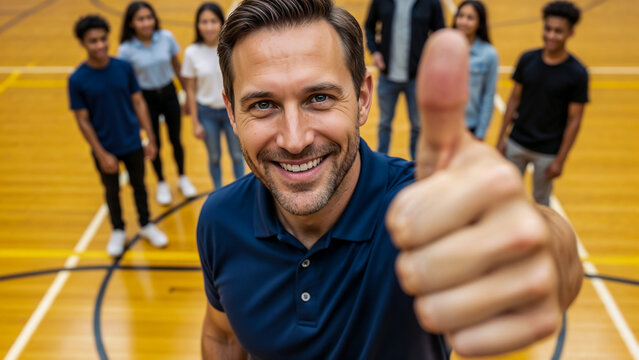 Male teacher giving thumbs up in gym symbolizing leadership