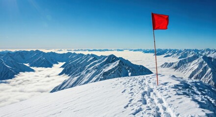 A snow-covered peak with a red flag against a bright blue sky and mountain range in the distance