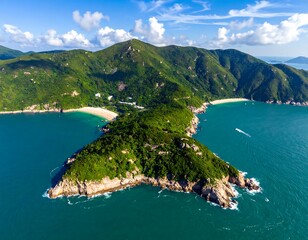 Lush island nestled in the blue sea, green hills meeting the ocean, sandy beaches inviting exploration under a partly cloudy sky