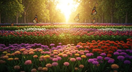 A sunlit field of colorful flowers with butterflies, leading to a bright sky through trees