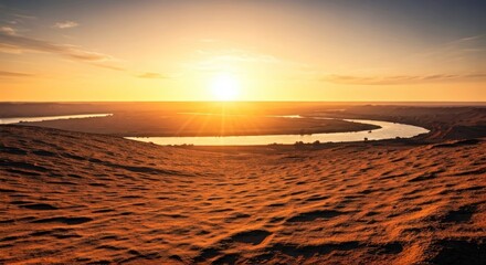 A sunlit landscape, river flowing through a valley, with a textured foreground and a bright sunset