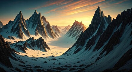 A sunlit mountain range with a snow-covered valley. The sky is a gradient of colors
