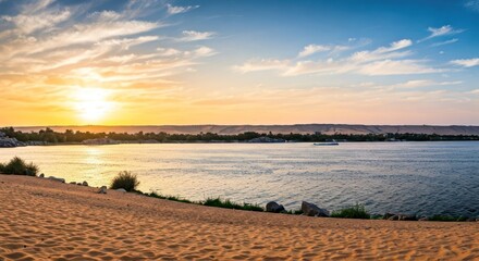 A sunlit scene a lake mirrors a fiery sunset, bordered by sandy shores and distant land