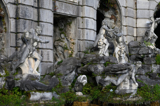 The Fountain of Aeolus in the Royal Park of Caserta with baroque sculptures and arches, Italy