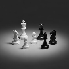 Strategic chess pieces on gray gradient background