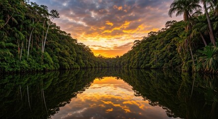 A tranquil river reflecting a vibrant sunset framed by lush, green rainforest