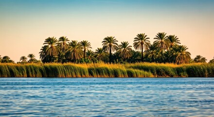 A tranquil river scene with palm trees and tall grass under a colorful sky