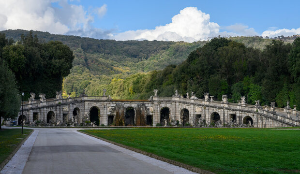 The Fountain of Aeolus in the Royal Park of Caserta with baroque sculptures and arches, Italy