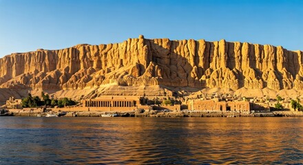 Ancient Egyptian temple complex reflecting in the Nile, framed by a dramatic cliff