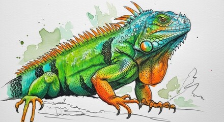Fototapeta premium Vibrant watercolor iguana artwork displaying intricate details and rich color palette