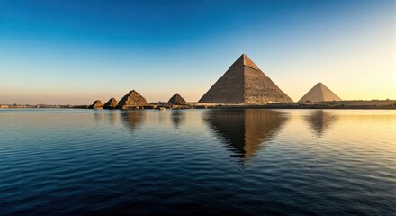 Ancient pyramids reflect in calm water under a vibrant sky, a desert landscape at sunset