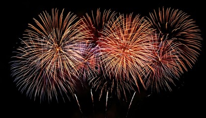 Brilliant fireworks burst against a pitch-black sky, showcasing vibrant orange, yellow and red explosions