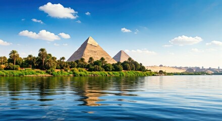 Ancient pyramids, lush vegetation, and the Nile reflect in the water under a bright blue sky