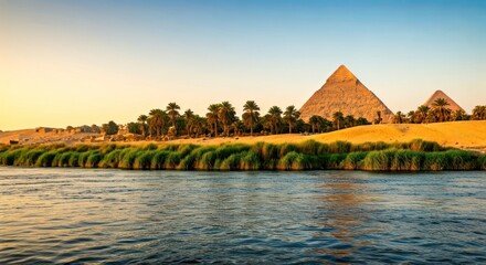 Ancient pyramids rise on a golden landscape, reflecting in a flowing river under a warm sky