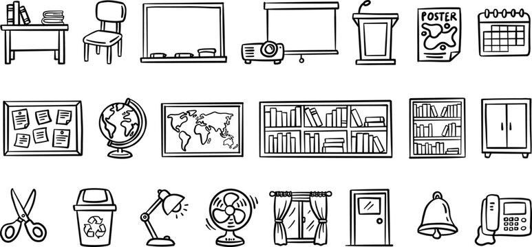 Hand-drawn line art doodles of classroom and office items for education, teaching and workplace