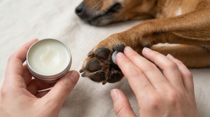 Person's hands gently applying paw balm to a brown dog's paw, holding a small metal tin. The dog is resting on a light beige textured blanket.