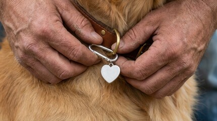 Person's hands adjusting a dog's brown leather collar, featuring a heart-shaped metal tag. Feeling of affection and companionship between owner and pet.