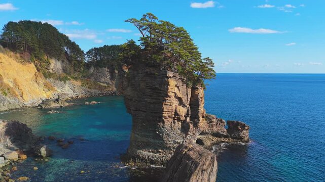 Striking Rock Formation in Tohoku Region Japan, Iwate Sannoiwa Rocks, Aerial