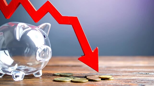A downward red arrow points towards some coins and a transparent piggy bank, implying a financial downturn