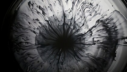 Obraz premium Circular ink bloom, intricate black tendrils spread outwards from a dark core against white. Abstract, fluid patterns