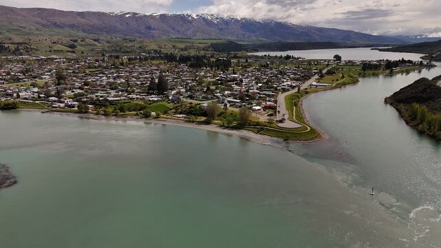 4K60 Panorama Drone View of Clutha River, South Island, and Cromwell Town in New Zealand