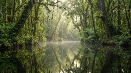 Obraz premium Calm river reflecting dense green rainforest trees, ferns, and moss-covered vegetation. Feeling of tranquility and untouched natural beauty. World Wildlife Day