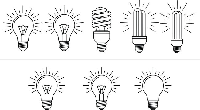 Light bulb icons set featuring classic, CFL, and LED lamp illustrations for creativity, ideas, innovation, and energy concepts
