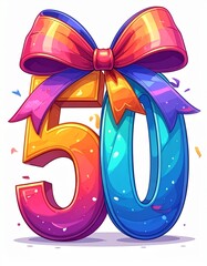 Number 50 wrapped with a festive ribbon on a white background. Image for birthday or anniversary party