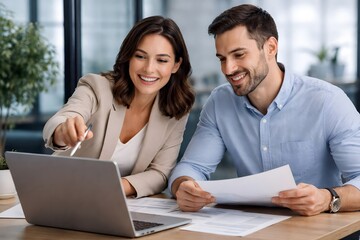 Obraz premium Business professionals collaborating and discussing work on a laptop in a modern office setting