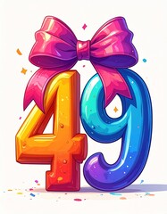 Number 49 wrapped with a festive ribbon on a white background. Image for birthday or anniversary party