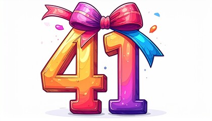 Number 41 wrapped with a festive ribbon on a white background. Image for birthday or anniversary party