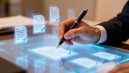 Hand signing digital documents on a futuristic screen